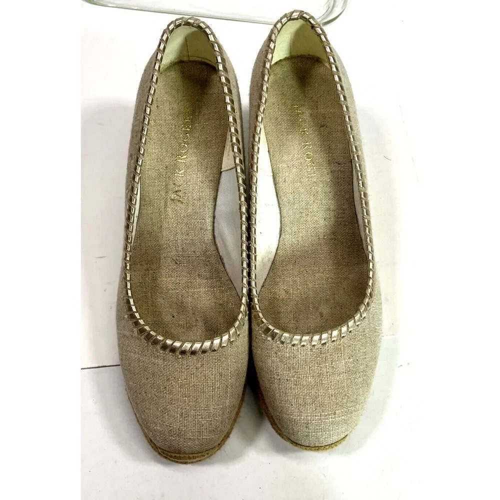Jack Rogers Palmer Closed Toe Canvas Espadrille Wedge Size‎ 9 Gold Tan